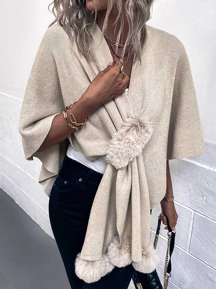 Luxury New 2024 Womens Hairball Patchwork Solid Color Shawl Cardigan Autumn Winter Poncho Batwing Sleeve Sweater Cape Coats Y251208