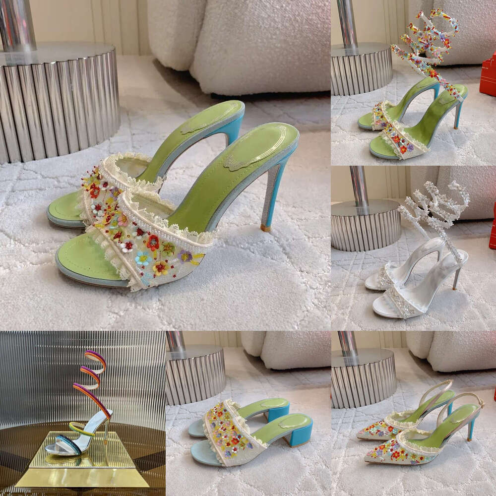 fashion evening Elegant dress sexy party wedding shoes designer shoe woman Luxury Cleo Floral Lace Satin Sandals Snake Stiletto Heel Slip on high heel sandals