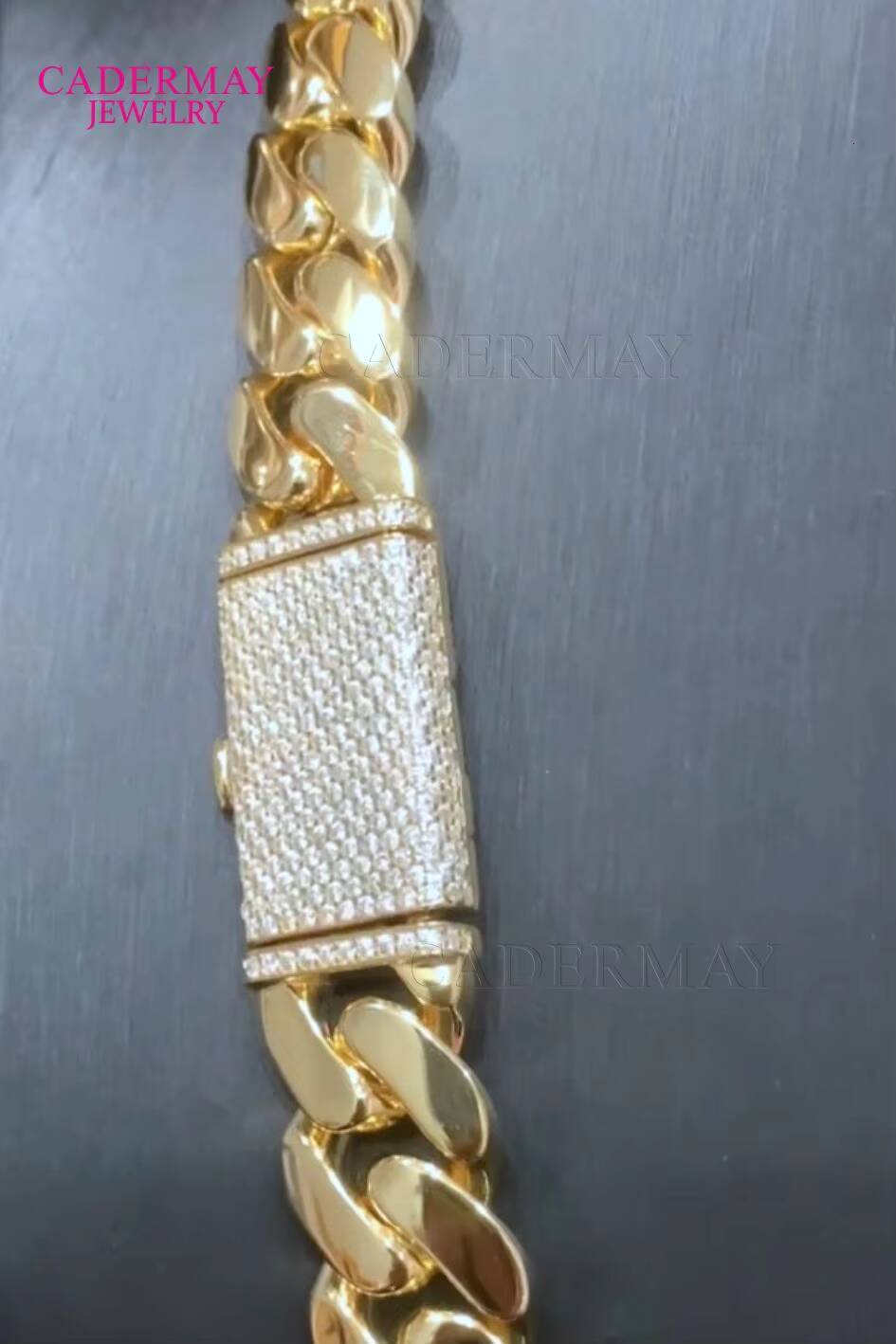 Cadermay Hiphop 14mm Miami With Long Moissanite Clasp Pass Diamond Tester Silver 14K Gold Plated Cuban Solid Link Chain Necklace