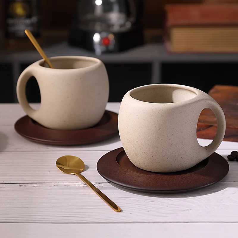 Ceramic coffee cup and saucer set retro latte coffee cup wooden coasters tea cups spoon flower cups H251209