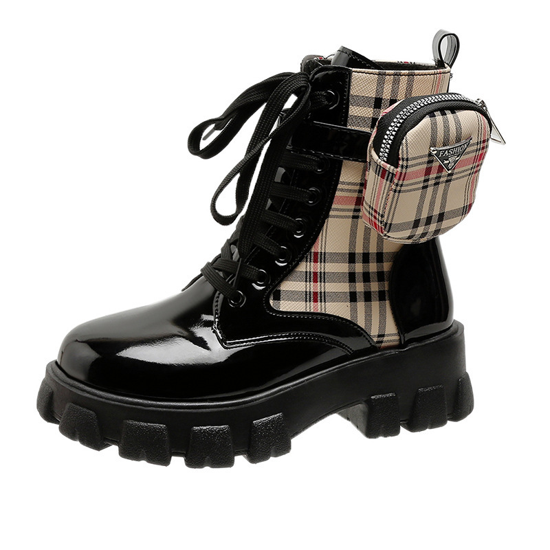 Designer shoes 2025 new classic checkered printed Martin boots thick soled lace up fashion boots for women black white pink