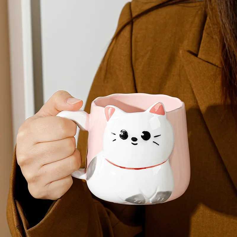 Cartoon 3D Embossed Ceramic Cup Cute Cat Coffee Milk Tea Breakfast Handle Cup Tableware Novelty Gift He 500ml g H251209