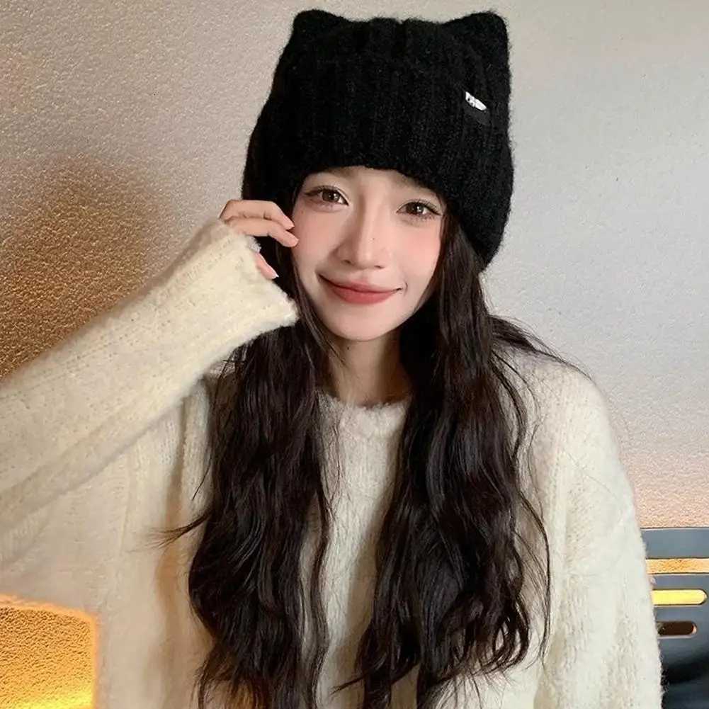 Luxury Cute Cat Ear Wool Hat for Kids Japanese Style Thickened Fleece Winter Hat with Ear Protection Warm Knitted Beanie Y251209