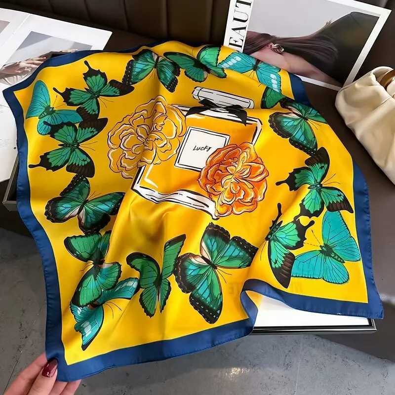 Luxury 70cmFlower Butterfly Printed Silk Scarf Women Fashion Retro Floral Butterfly Printed Silk Scarf Elegant Temperament Shawl Turban Y251208