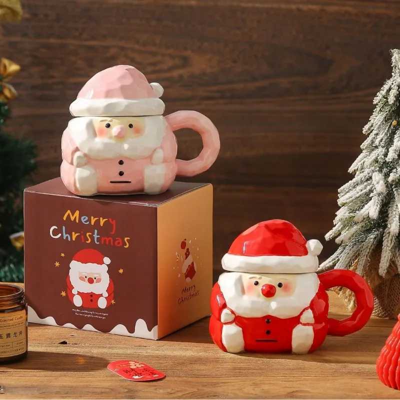 Santa Claus g Creative Ceramic Coffee Cup with Lid Embossed 3D Breakfast Milk g Afternoon Tea Flower Tea Cup Christmas Gift H251209