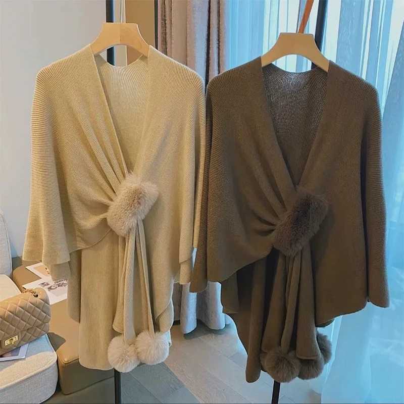 Luxury Women Knitting Crochet Cardigan Cloak Poncho Pompoms Capes Autumn Winter Open Front Sweater Elegant Shawl With Fluffy Pompoms Y251208