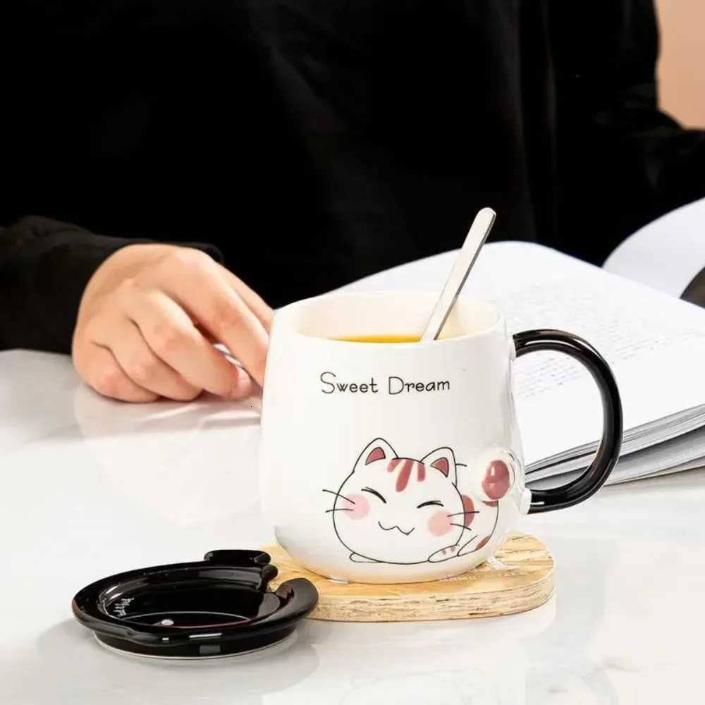White Black Cat Ceramic gs with Lids Spoons Cute Girl Couple Coffee Cups Holiday Gifts Drinkware Water Bottle H251209
