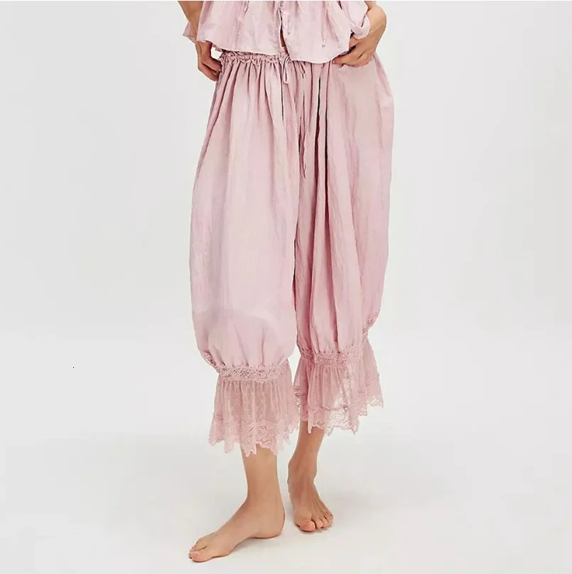 Womens Y2K Loose Fit Bloomers Cropped Pants Drawstring High Waist Floral Lace Patchwork CalfLength Lantern Trousers 251129