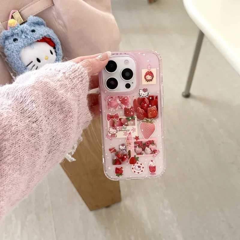 ins Korean Cute Strawberry Sticker Bling Glitter Phone Case For iPhone 16 15 14 13 Pro Max Hard IMD Cover C251209
