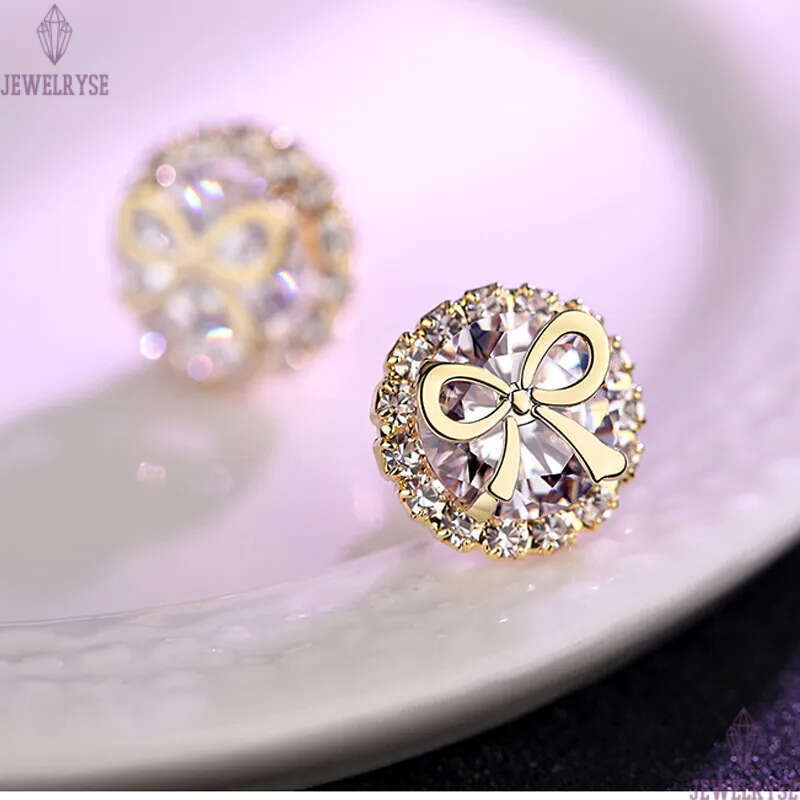 S925 silver needle lovely bowknot designer earrings stud for women 18k gold round cz zircon shine crystal cute bow knot earring ear rings jewelry