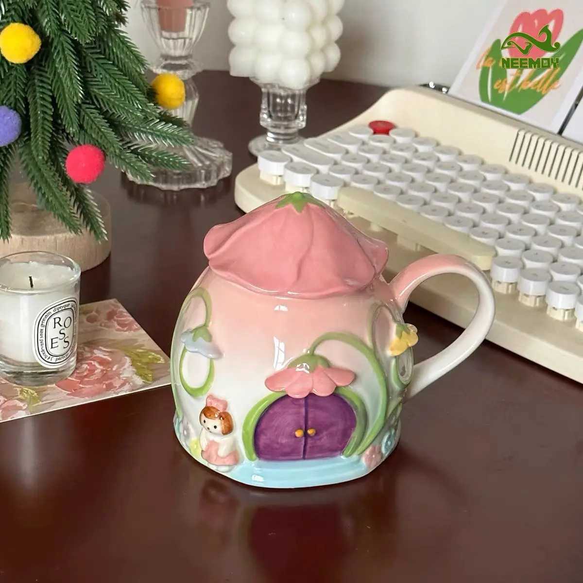 Handmade Cute Girl Ceramic g with Lid Exquisite Coffee Cup with Handle Off Brage Set Restaurant and Hotel Supplies H251209