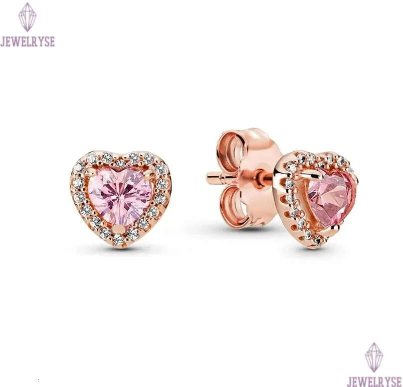 Rose Gold Pink Stone Heart Stud Authentic 925 Silver designer Earrings Women Wedding Party Jewelry Crystal earrings with Luxurious Retail Box Set