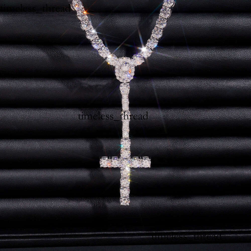 New Hot Sale Iced Out 5mm Wide 925 Sterling Silver VVS Silicon Stone Rosary Cross Tennis Chain Necklace