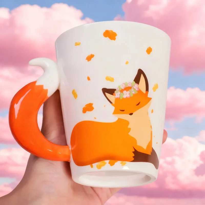360ML Ceramic Fox g Creative Fox Tail Handle Water Cup Cartoon Coffee Breakfast Milk g He Off Water Cup Gift H251209