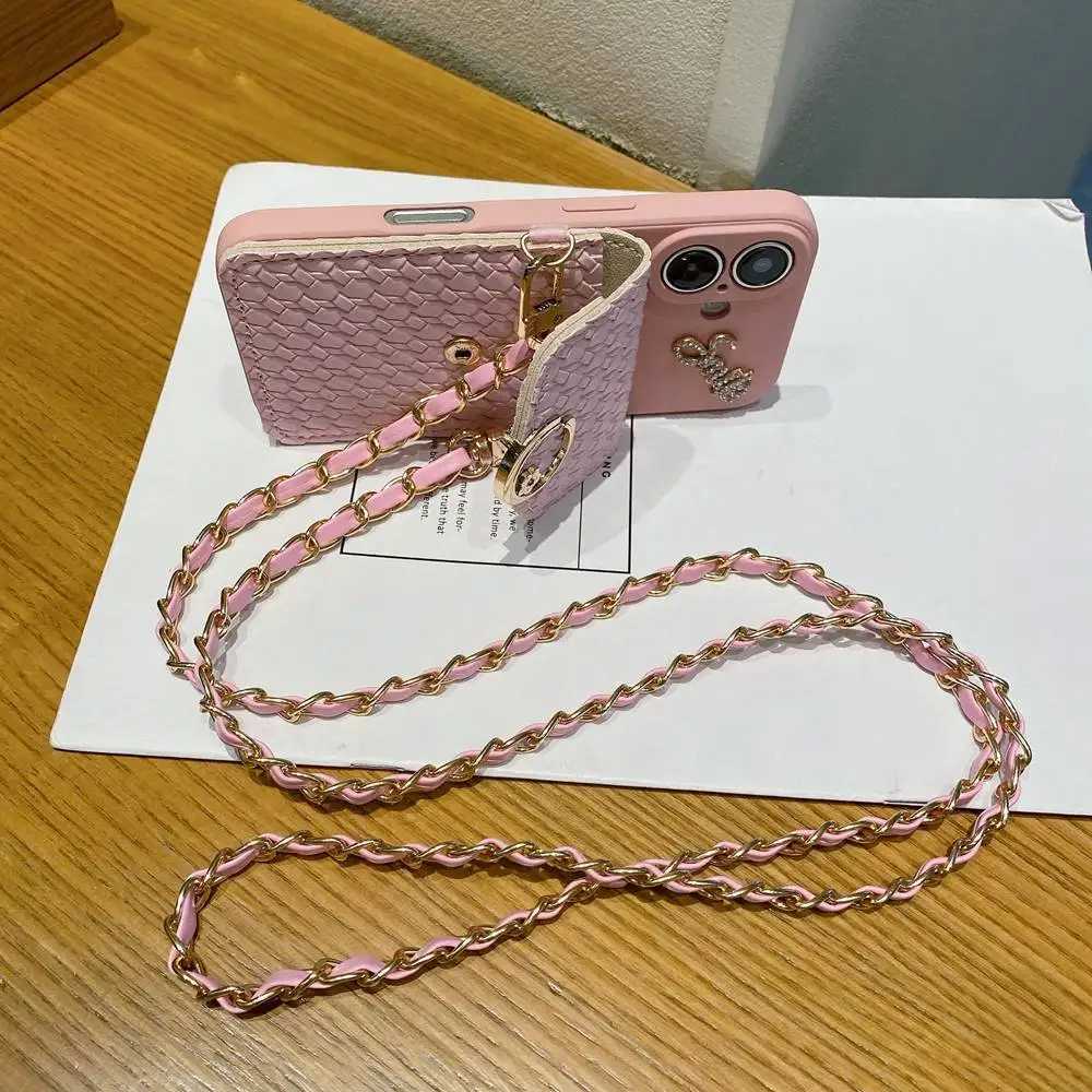 Luxury Woven Pattern Wallet Card Holder Phone Case for iPhone 16 11 12 13 14 15 Pro Max Card Bag Crossbody Strap Lanyard Cover C251209