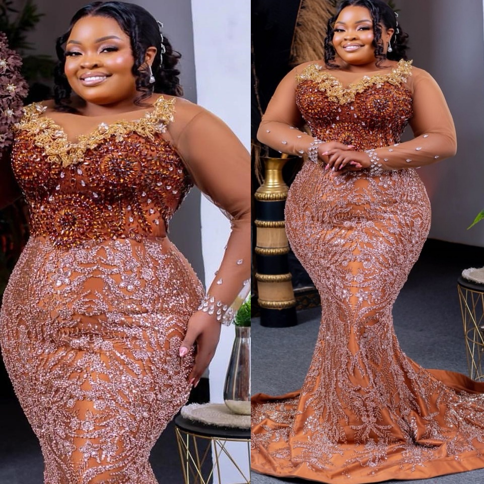 Aso Ebi Brown Mermaid Prom Dresses 2026 Flowers Crystals Sheer Neck Evening Formal Party Second Birthday Engagement Gowns Plus Size Dress For Special 