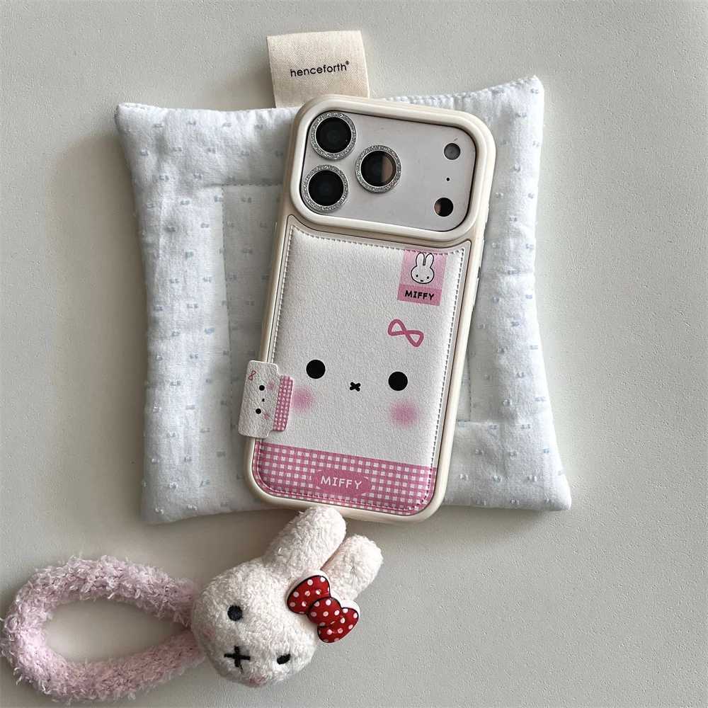 Fashion Leather Plaid Pattern Cute Rabbit phone case For iPhone 16 Pro Max 15 14 13 17 Pro With Lanyard Cartoon Protective Cover C251209