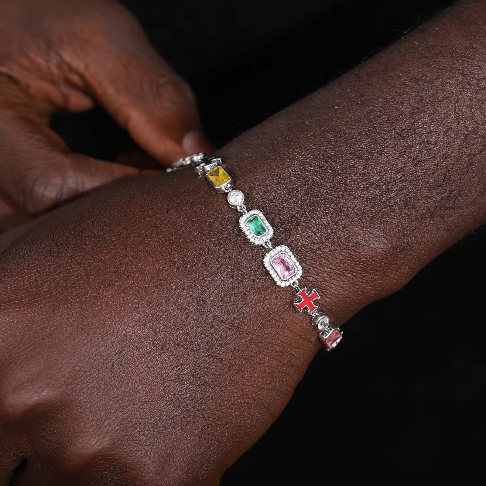 Minimal Party Jewelry White Gold 7mm 925 Sterling Silver VVS Moissanite Colored Gemstone Cluster Enamel Cross Tennis Bracelet