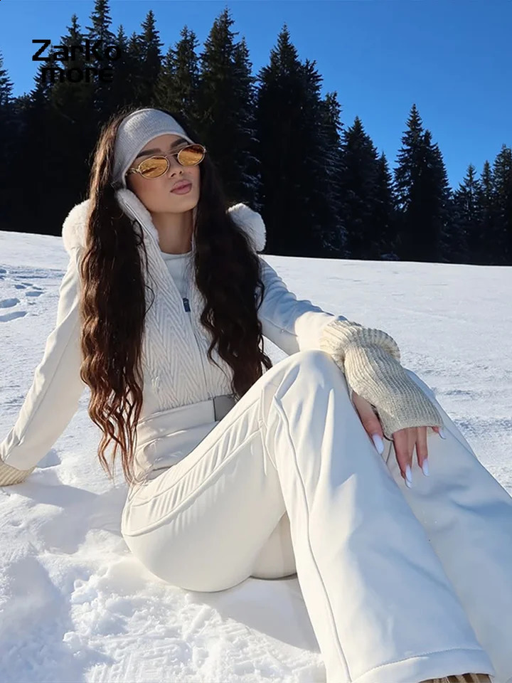 Fashion Hooded Skiwear Women Stand Neck Warm Zipper Slim Fit Solid Jumpsuit Winter Lady Casual Street Outfit 251205