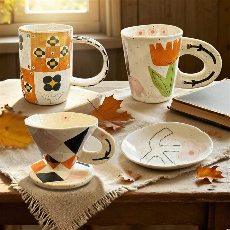 Ceramic g Coffee Funnel Ink splash art Cups Hand pinch Irregar g Handpainted Ceramic Coffee Cup Breakfast milk Cup Saucer H251209