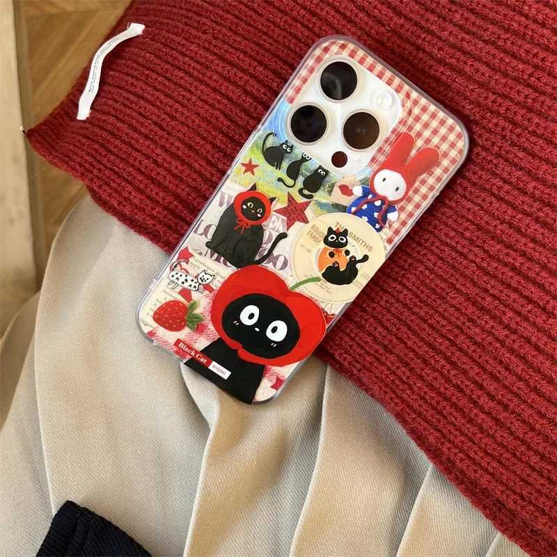 Red Hat Black Cat Strawberry Fashion Retro Phone Case For iPhone 16 15 14 13 12 Pro Max Case Cute Cartoon shockproof Cover C251209