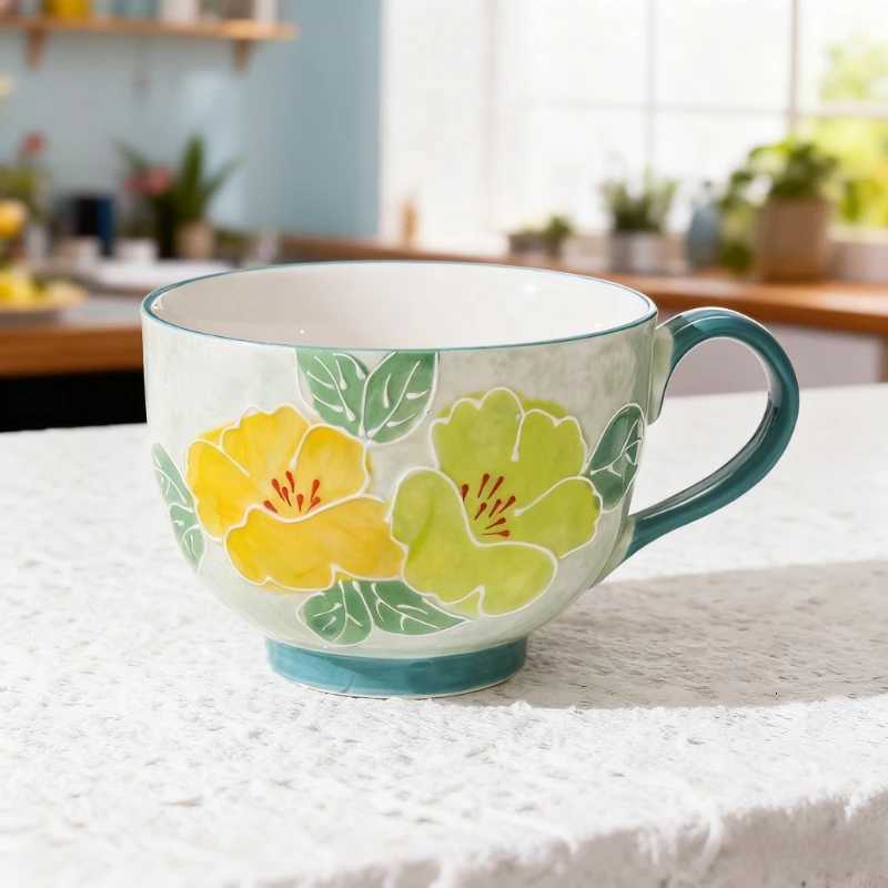 Embossed e hand-painted ceramic cup beautif large capacity breakfast cup high value flower tea cup milk oatmeal cup H251209