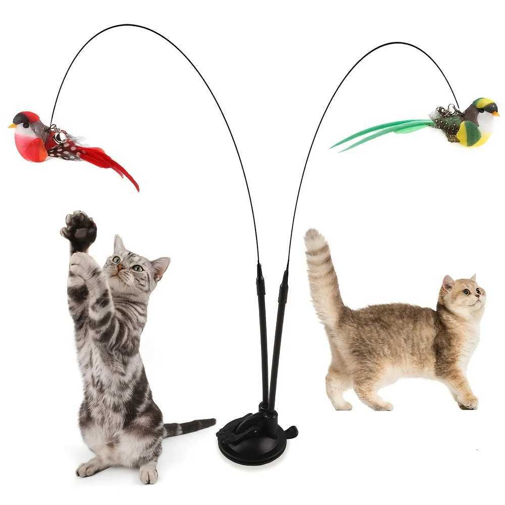 Interactive Cat Teaser Wand Set with Realistic Birds- Handfree Long PoleDouble Rod Bell And Strong Suction Cup for Active Play M251209