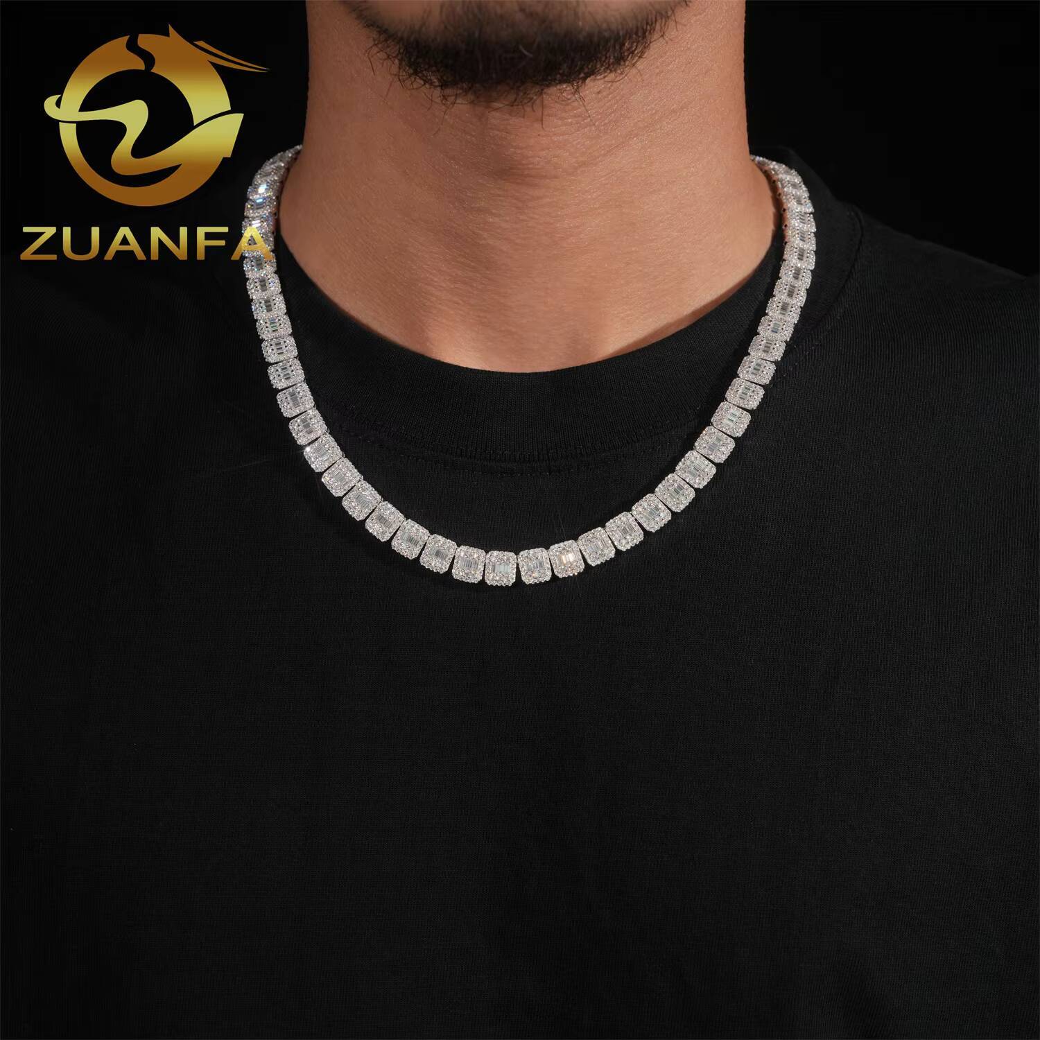 Iced Cuban Link Chain Moissanite 9mm Baguette Cut Unisex Cuban Link Hip Hop Jewelry 925 Silver Diamond Chain