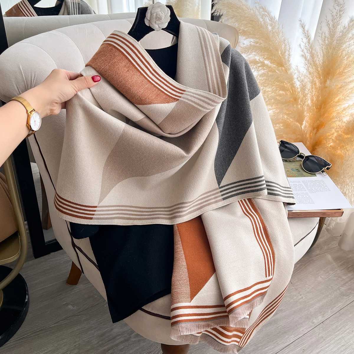 Luxury Brand Winter Blanket Scarf Shawl for Women Warm Pashmina Geometric Color blocks Print Wrap Imitation Cashmere Foulard Scraves Y251208