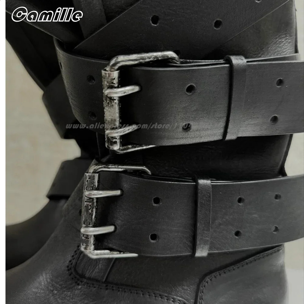 Leather Belt Buckle Strap Knee High Cool Girl Boots Big Toe Thick Sole Motorcycle Boots Round Toe Platform Casual Shoes 251201