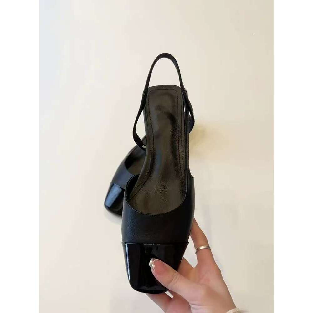 Black square toe flats sling back Sandals with One Strap Chunky Heels Elegant Handmade Designer Shoe Women's Shoes