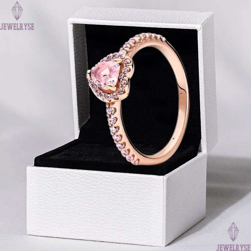 Rose gold Pink stone Engraved Love Heart Rings with Retail Box Real 925 Silver CZ diamond Women Wedding Nail Engagement Promise Ring Factory wholesale