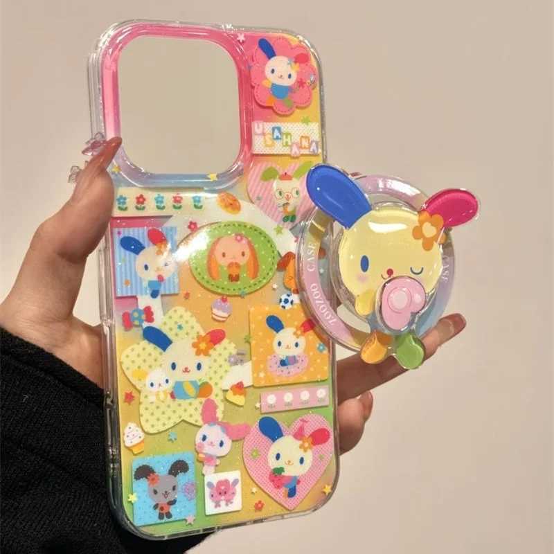 Magnetic color splicing color ear rabbit phone case with rotating magnetic bracket for iPhone 11 12 13 14 15 16 17 pro max C251209