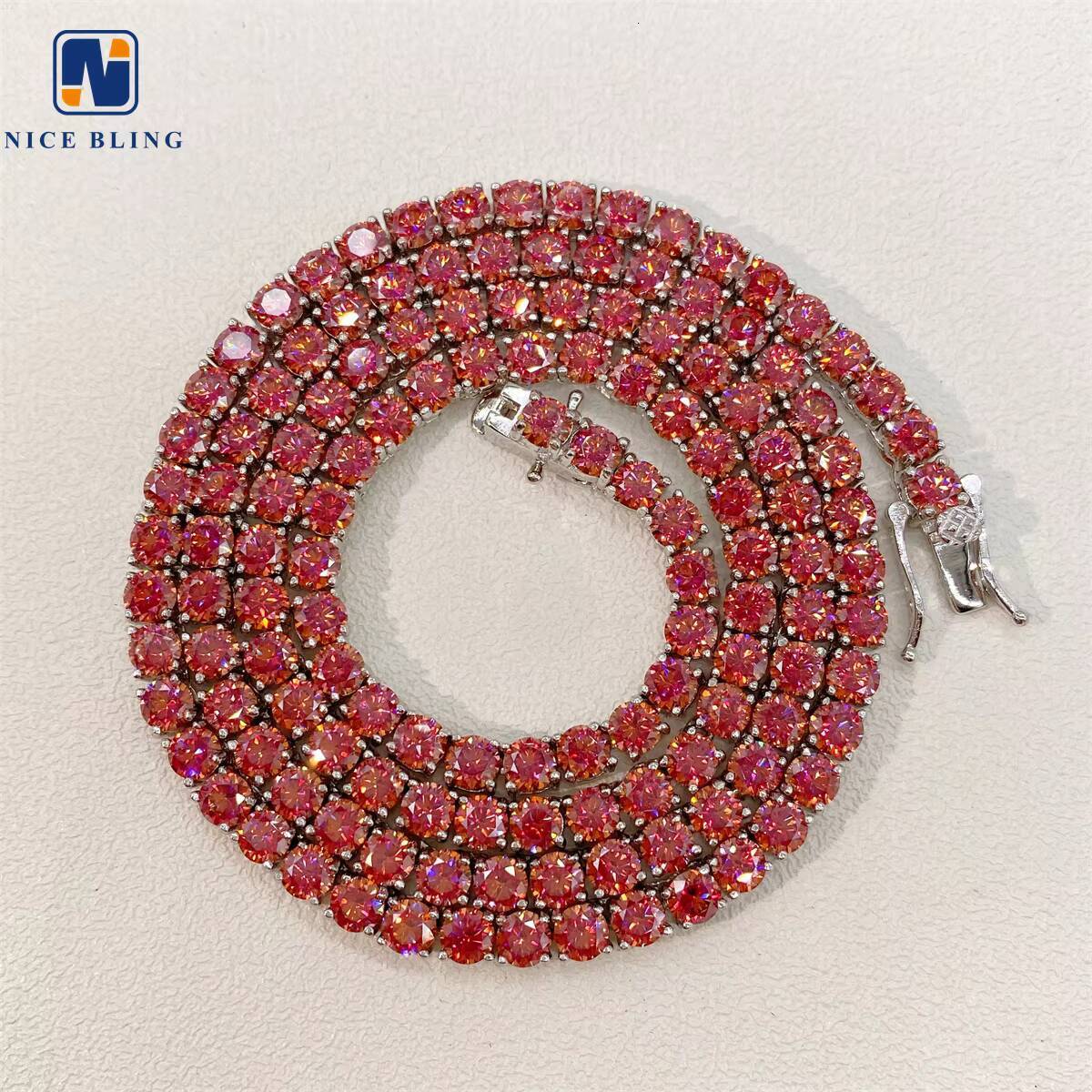 Garnet Red Tennis Chain Bling HipHop Jewelry Iced Out VVS Moissanite Diamond Necklace 4mm Colored Chain