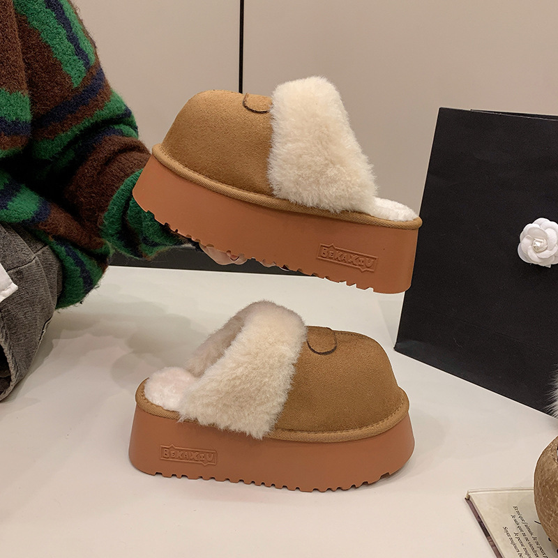 free shipping Fashionable thick soled cotton slippers for women in autumn winter suitable for outdoor wear with a foot kick toe cap half slippers snow