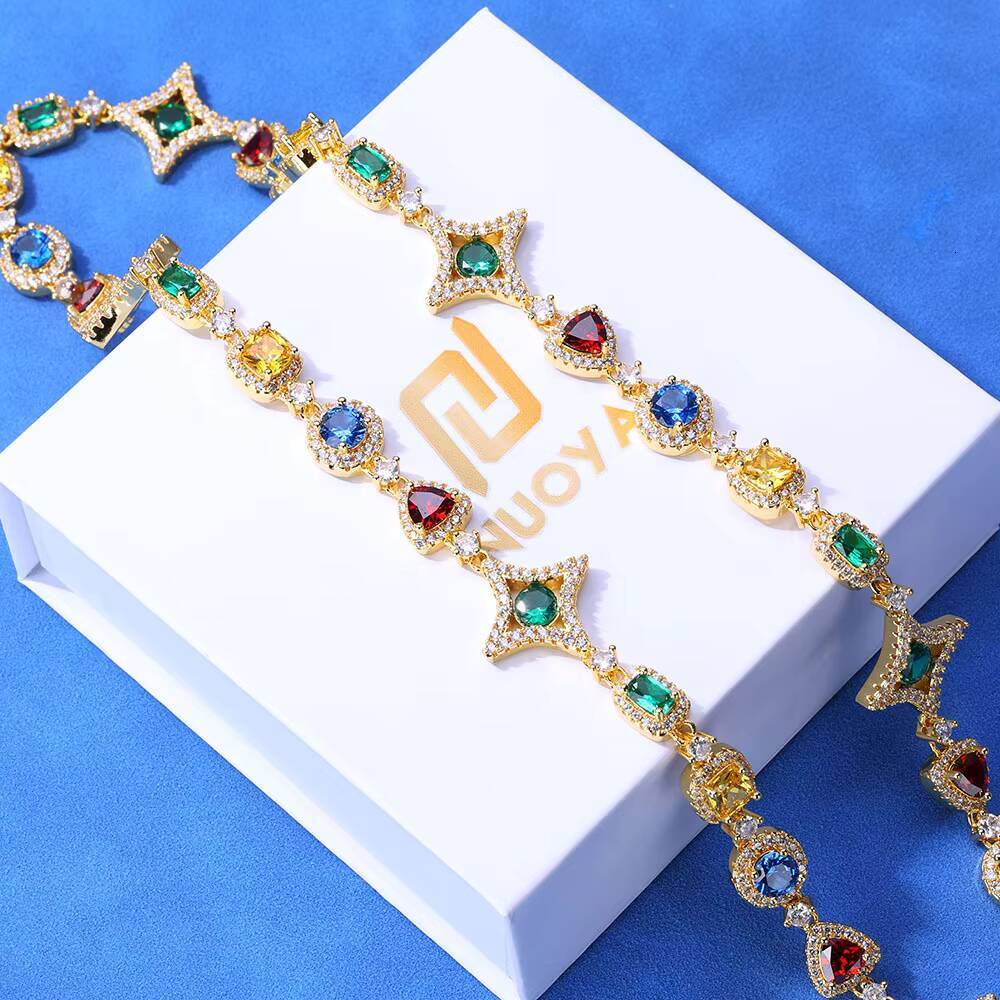 NUOYA New Arrival 925 Silver Geometry Link Bracelet Colorful Zircon Chain VVS Moissanite Womens Hip Hop Jewelry