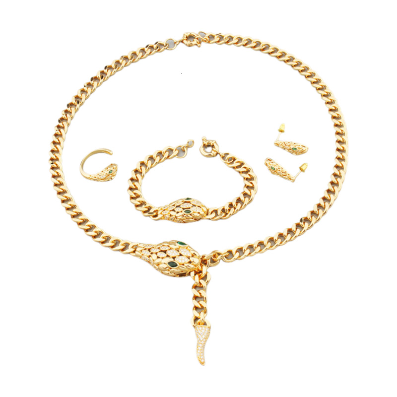 New Green Eye Snake Ring Women's Bracelet Set Earrings Necklace Copper Gold Zircon