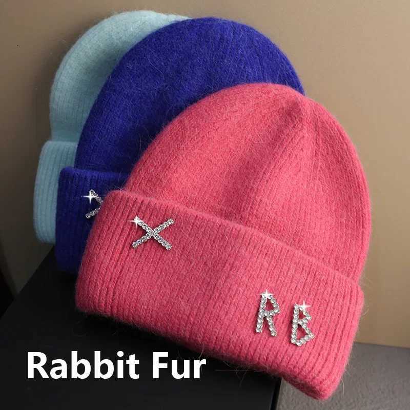 Luxury Winter Warm Rabbit Fur Knitted Hat Diamonds Letter Beanies Hats For Women Famous Brand Lady Casual Bonnet Skiing Cap Y251209