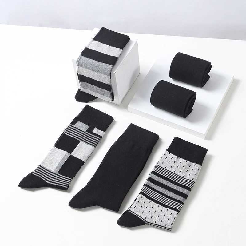 6 Pairs Mens Business Socks High Quality Cotton Soft Casual Brand Stripe Black Plus Size Gentleman Plus Size Male Dress SockT251209