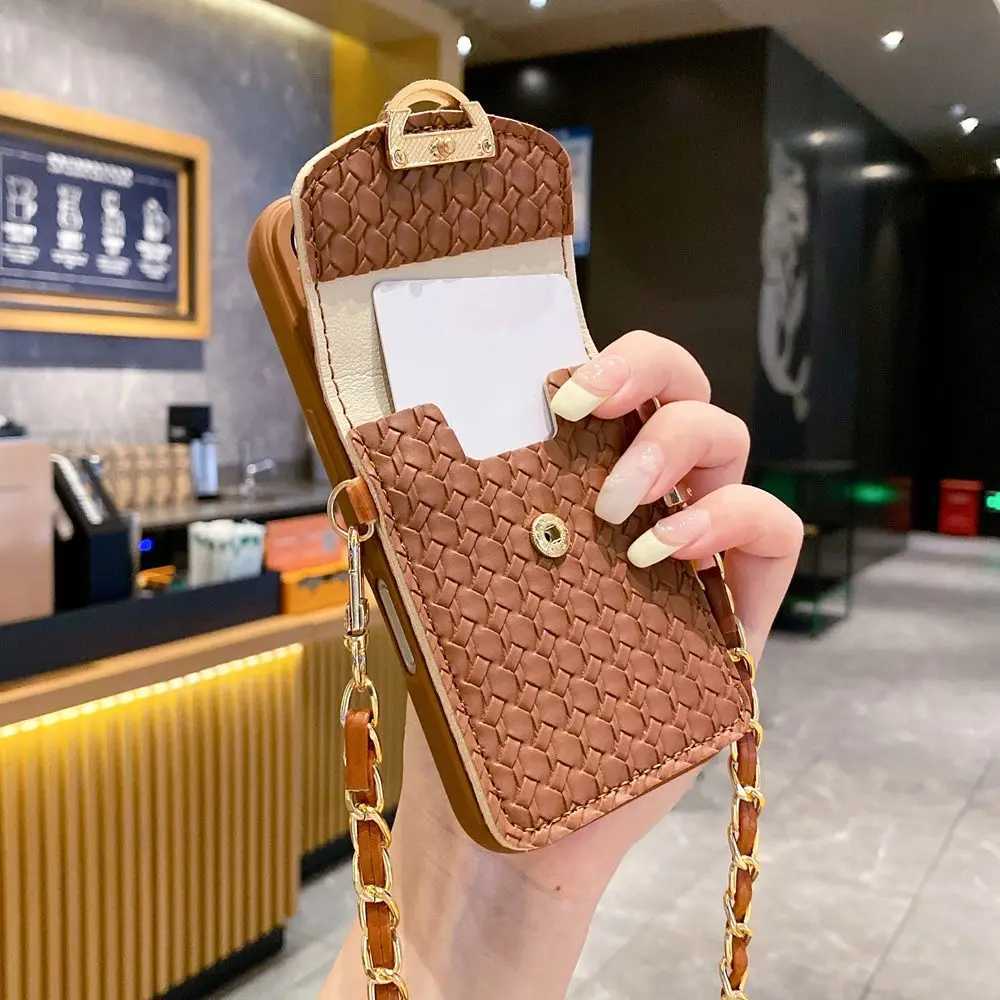 Luxury Woven Pattern Wallet Card Holder Phone Case for iPhone 16 11 12 13 14 15 Pro Max Card Bag Crossbody Strap Lanyard Cover C251209