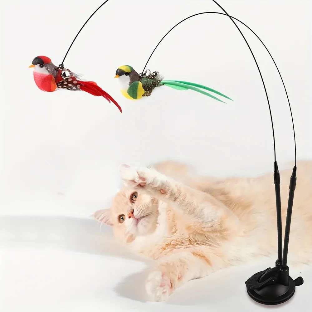Two birds Cat teasing stick set simulation bird hands-free bird cat stick long pole double pole with bell strong suction cup cat M251209