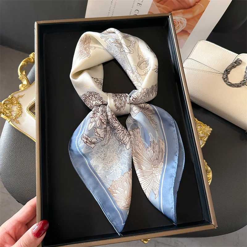 Luxury 2024 Luxury Floral Print 70cm Square Silk Scarf Women Designer Scarves Bandana Foulard Shawl Hijab Echarpe Hairband Tie Ribbon Y251208