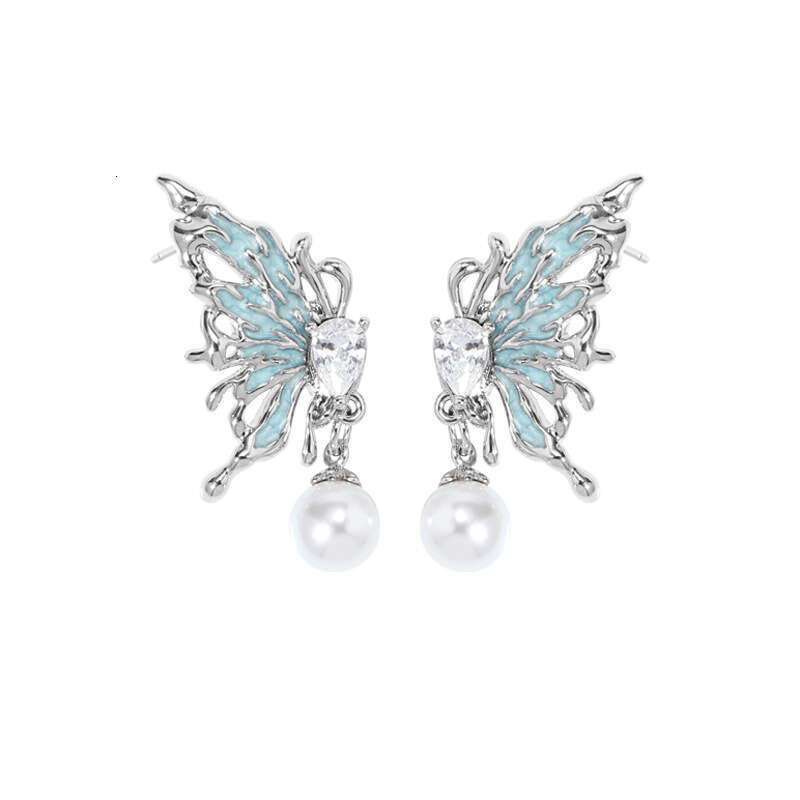 DHcollections Niche Design Ice Blue Butterfly Pearl Stud Wholesale Fresh Sweet 925 Silver Needle Zircon Earrings