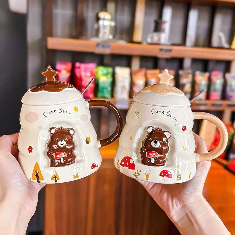 Bear Ceramic Cup Cute Ceramic g with Lid on Hand Christmas 3D three-dimensional g Couple Coffee Cup He Water Cup H251209
