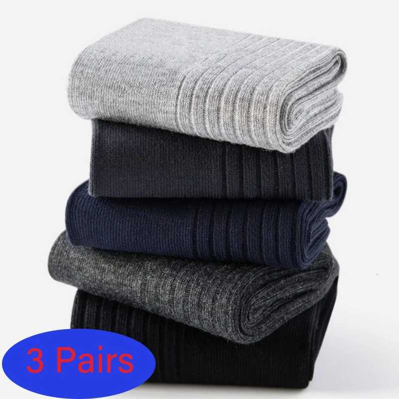Plus Size 3 Pairs/Lot Mens Striped Cotton Business Breathable All Season Solid Color Warm Knit Middle Tube High Quality SocksT251209