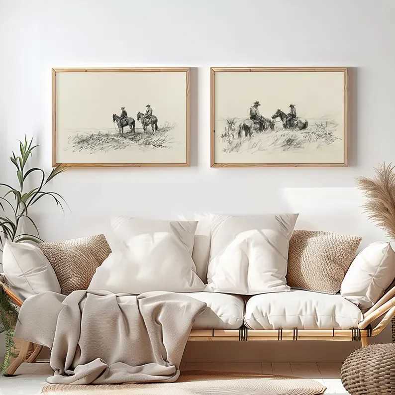 Retro Minimalist Western Cowboys on Horses Sketch Country Farmhouse Poster Canvas Painting Wall Art Pictures He Decor Gift H251208