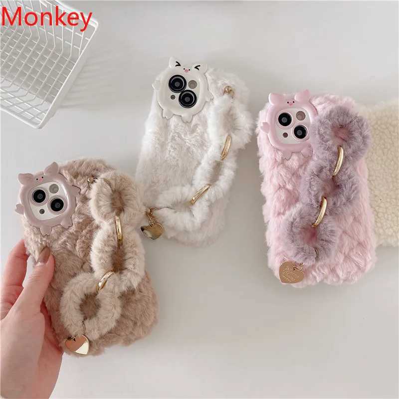 Cute Korean Fur Wrist Chain Silicone Case For iPhone 17 16 Pro Max 15Plus 14 13 12 11 Winter Furry Fluffy Plush Wrist Band Cover C251209