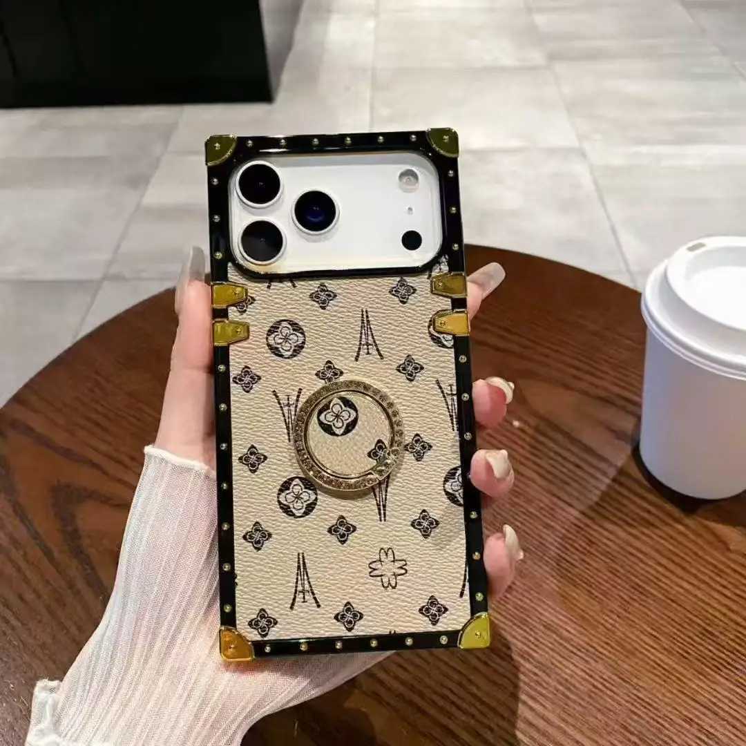 Fashion Diamond Ring Holder Leather Flower Case For iPhone 17 16 15 14 Plus 13 12 Pro Max 7 8 XR XS Vintage Floral Stand Cover C251209