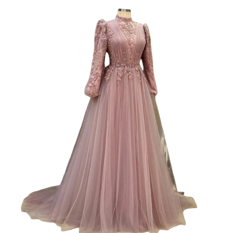 Elegant Muslim Evening Dresses Beaded High Collar Long Sleeves A-Line Pink Tulle Formal Occasion Gowns Pleats Islamic Arabic Prom Dress For Women 2026