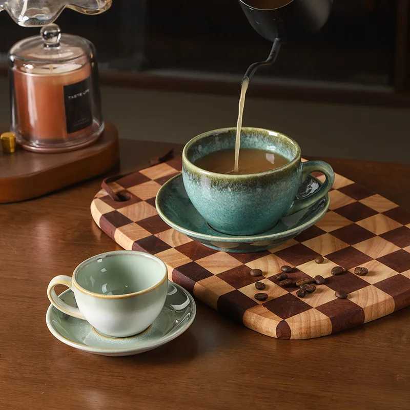 Ceramic Retro Kiln-tur Coffee Cup with plate Cappuccino Latte Fancy Embossed Art Latte Art g Tea Cup Kitchen Dining Bar H251209